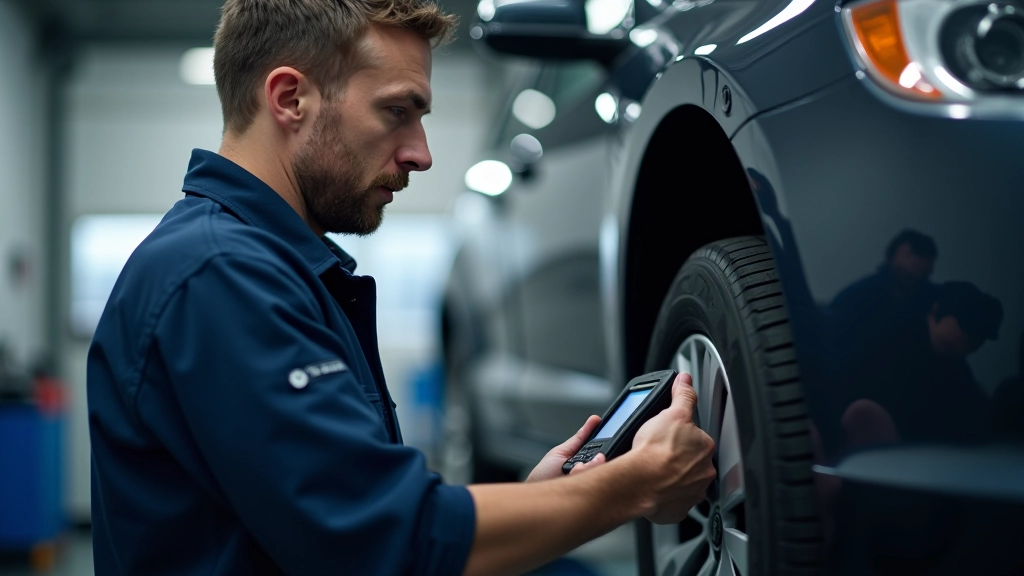 Mechanic using diagnostic tool on brake system at professional auto service center with multiple vehicles