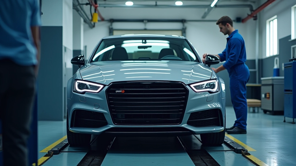 Vehicle on MOT testing equipment with mechanic checking diagnostic readings and emissions data