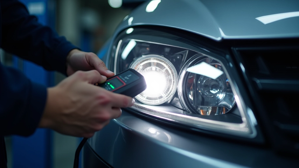 Close-up of vehicle headlight assembly being tested with multimeter, mechanic checking bulb function