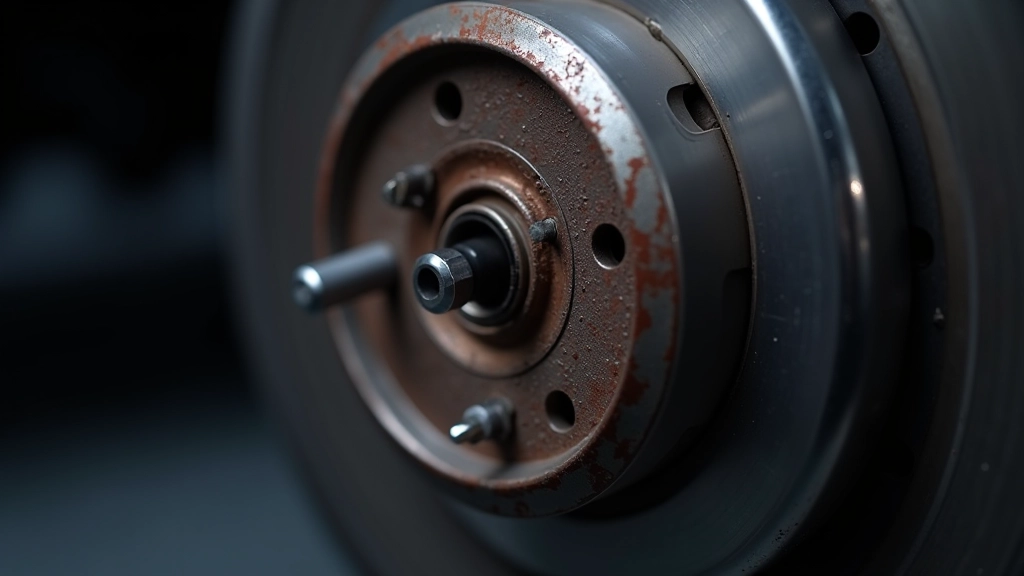 Close-up view of worn brake pads with metal wear indicator visible in red circle
