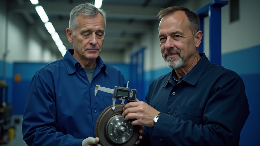 Mechanic examining brake disc thickness with measurement gauge in automotive workshop
