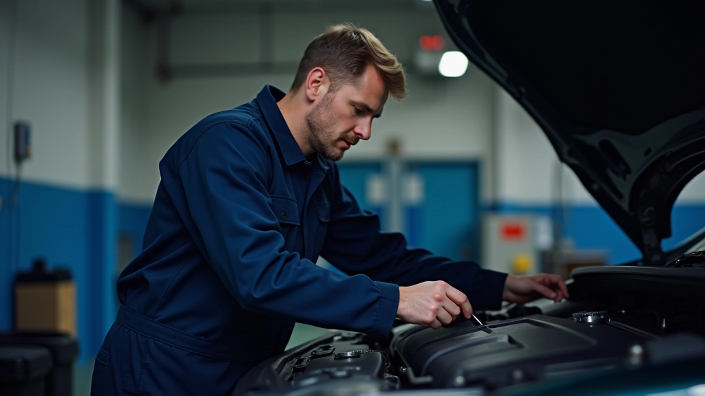 Mechanic checking various engine fluids including oil, coolant, and transmission fluid during vehicle maintenance