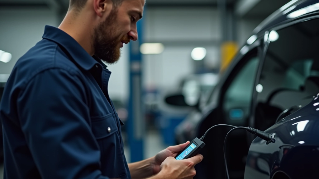 Modern diagnostic scanner tool connected to vehicle OBD port with live data displayed on digital screen