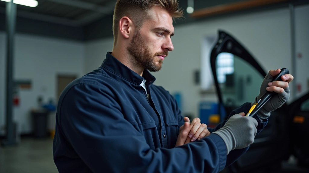 Professional mechanic performing brake fluid inspection and filling reservoir in vehicle