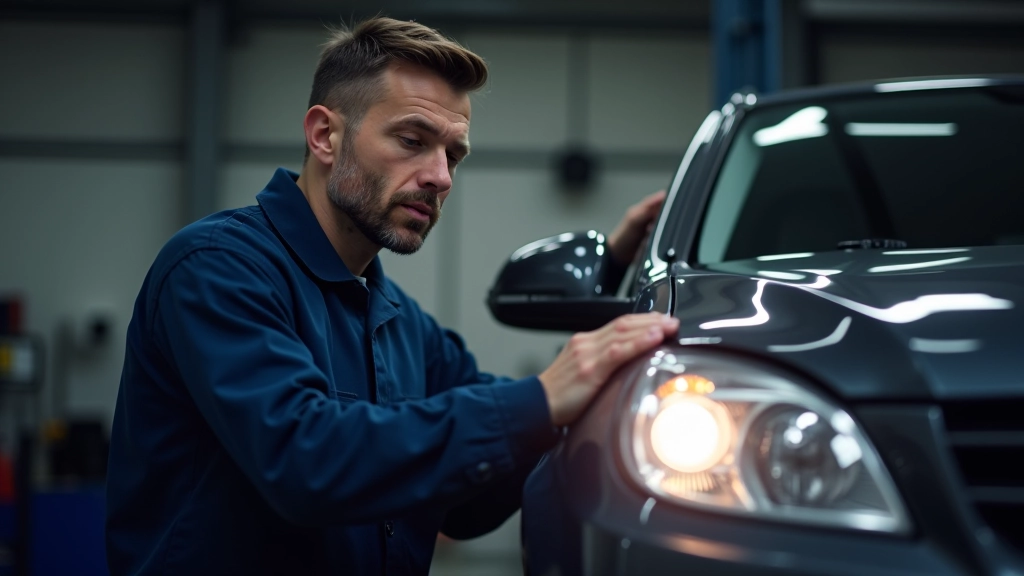 Professional mechanic performing visual inspection of car exterior, checking headlights and body panels