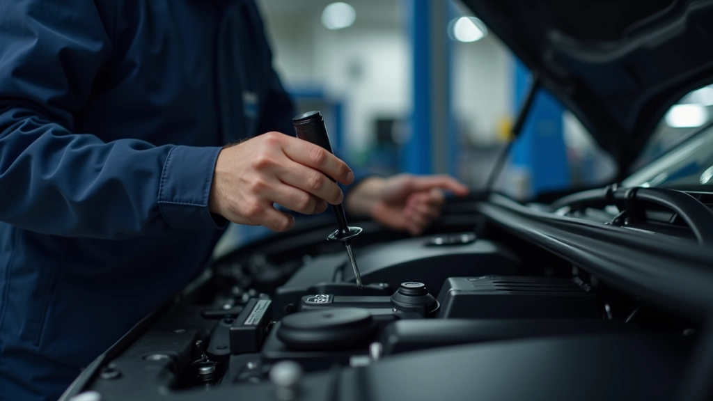 Mechanic performing engine oil check with dipstick on vehicle during maintenance service