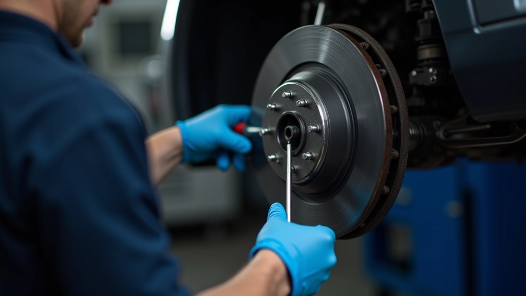 Mechanic inspecting brake pads and rotor assembly, checking brake pad thickness with ruler