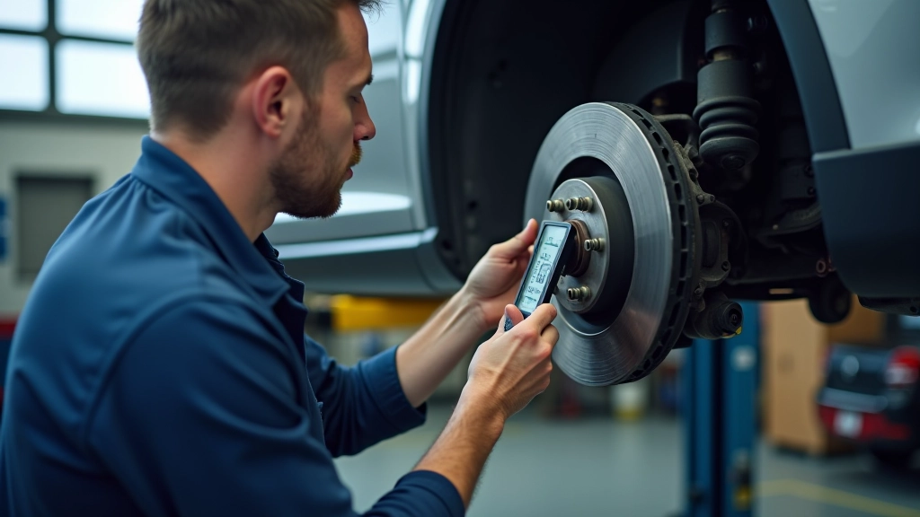 Close-up of brake pad wear indicator being measured by mechanic using precision tool