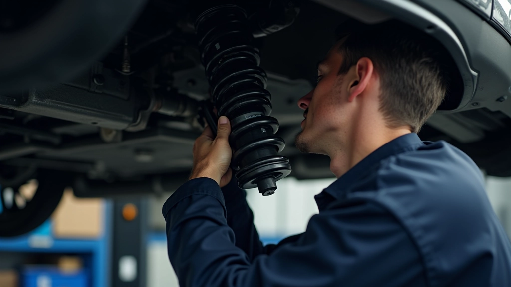 Technician examining car suspension components, checking damper and spring assembly underneath vehicle