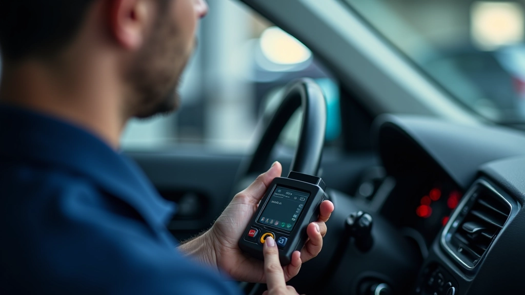 Mechanic using diagnostic computer tool to scan vehicle engine error codes and performance data
