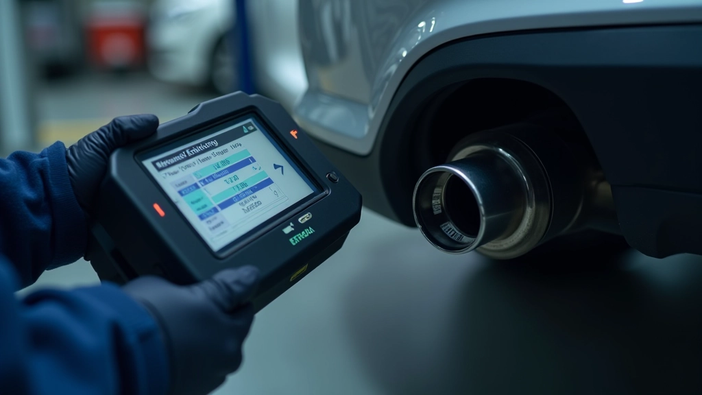 Vehicle emissions testing equipment connected to car exhaust during MOT preparation check